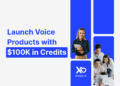 Startup founders collaborating with banner text “Launch Voice Products with $100K in Credits” through XRaise.ai and Deepgram.