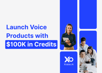 Startup founders collaborating with banner text “Launch Voice Products with $100K in Credits” through XRaise.ai and Deepgram.