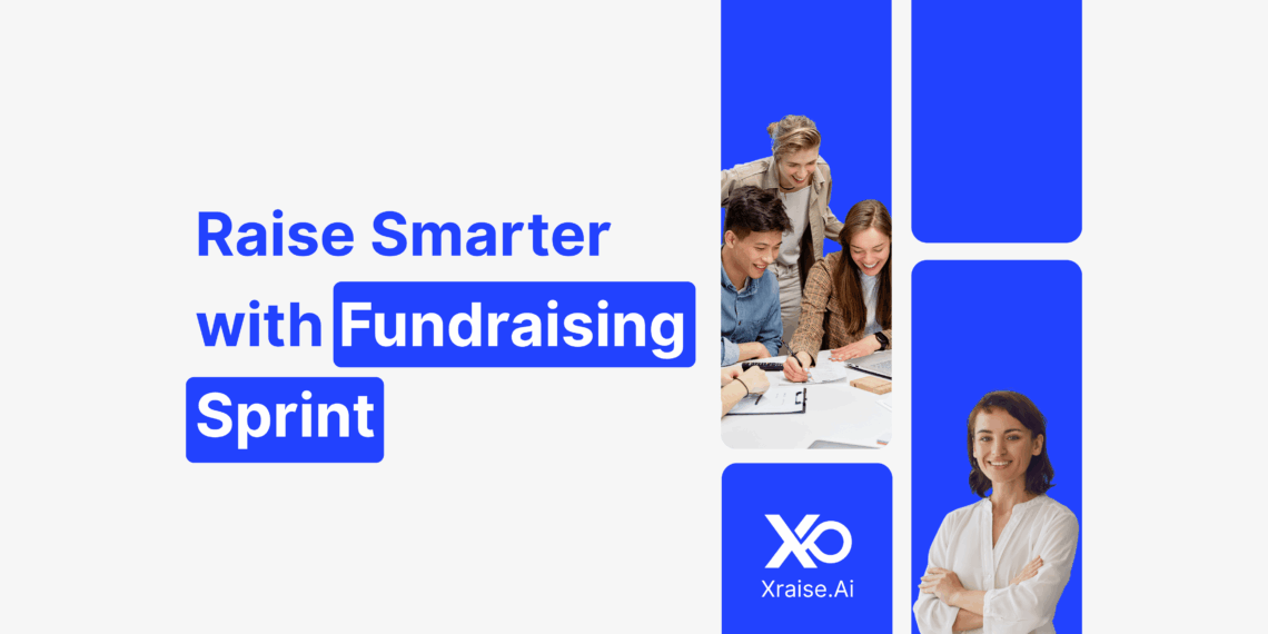 Startup founders collaborating on fundraising strategy with banner text “Raise Smarter with Fundraising Accelerator” via XRaise.ai.