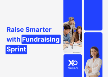 Startup founders collaborating on fundraising strategy with banner text “Raise Smarter with Fundraising Accelerator” via XRaise.ai.