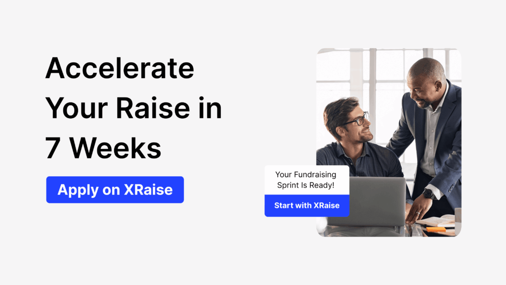 Two founders discussing fundraising strategy beside a laptop with text “Accelerate Your Raise in 7 Weeks” via XRaise.ai.