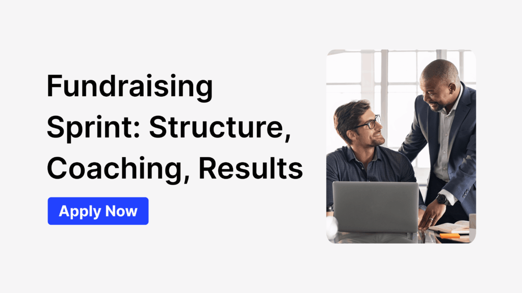 Two startup founders discussing fundraising strategy, promoting the Fundraising Sprint Fall 2025 program on XRaise.