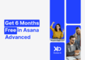 Banner promoting six months free in Asana Advanced via XRaise, showing startup teams celebrating and collaborating.
