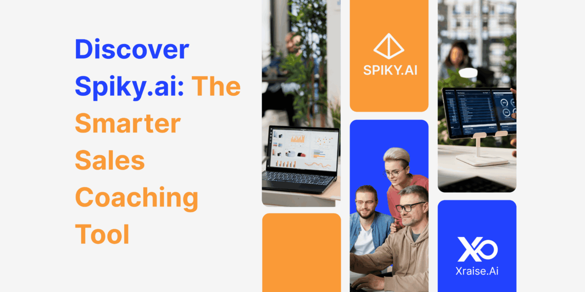 Team using laptops and analytics dashboards with banner text “Discover Spiky.ai: The Smarter Sales Coaching Tool.”