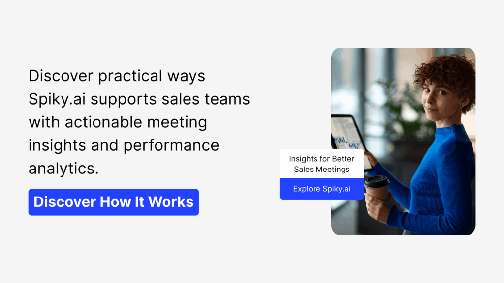 Professional holding coffee and tablet with charts, promoting Spiky.ai meeting insights and performance analytics