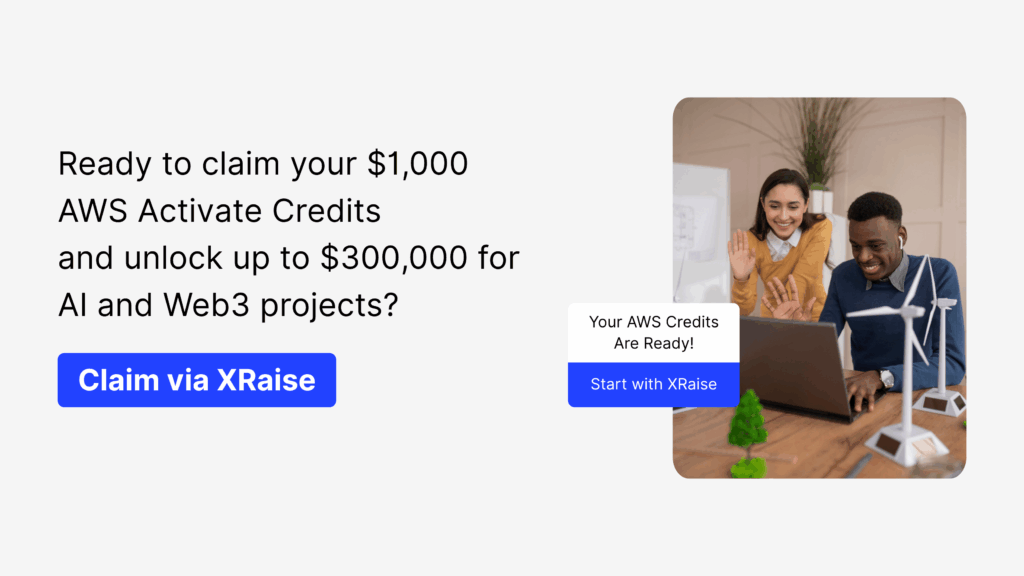 Two founders smiling at a laptop, celebrating AWS Activate credits up to $300K for AI and Web3 via XRaise.