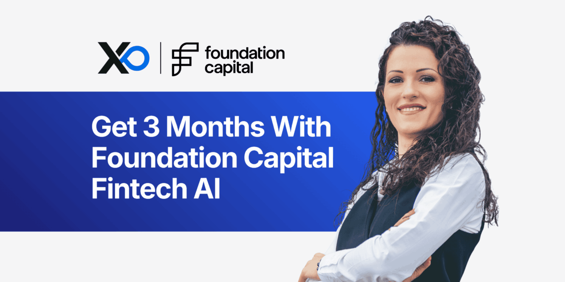 Confident woman in business attire standing beside a banner promoting three months with Foundation Capital’s Fintech AI accelerator program.