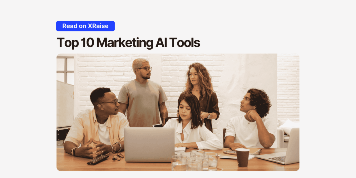 Team of startup founders discussing Marketing AI Tools in a collaborative setting, optimizing their marketing strategies using AI-powered tools.