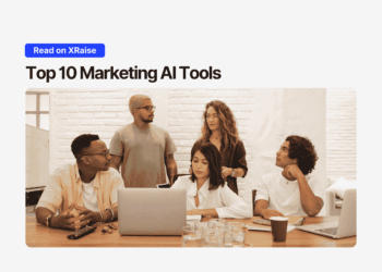 Team of startup founders discussing Marketing AI Tools in a collaborative setting, optimizing their marketing strategies using AI-powered tools.