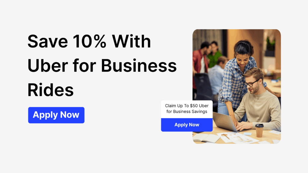 Uber for Business discount for startups banner showing two coworkers using a laptop to save on rides