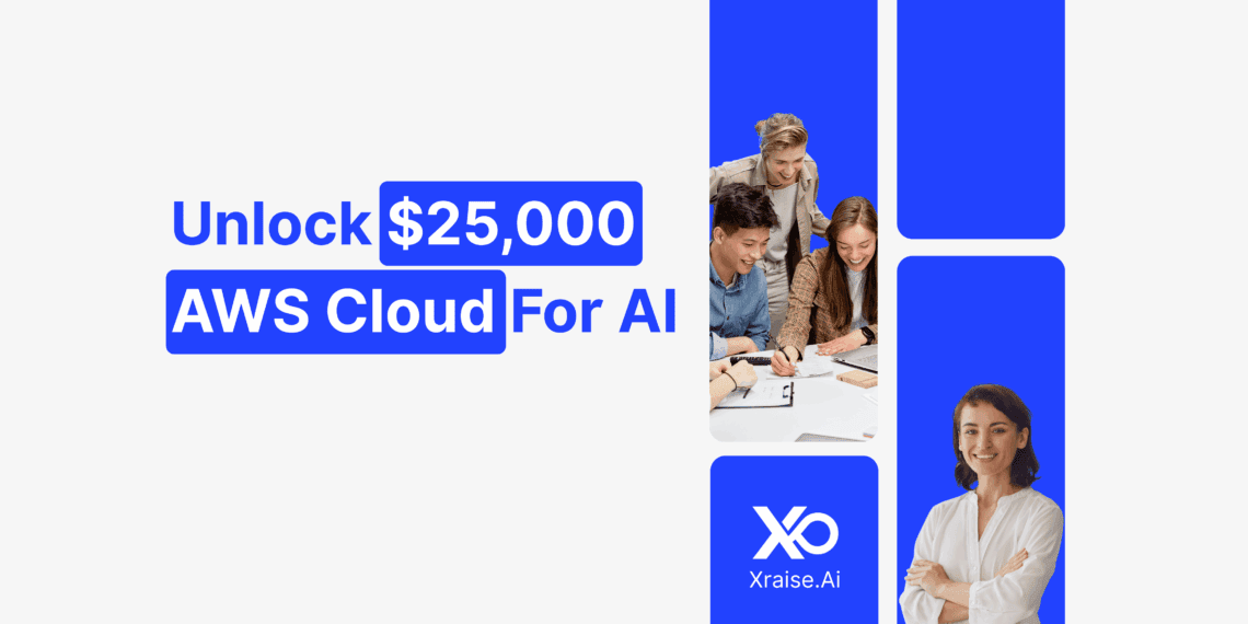 AWS Credits for AI Startups banner showing founders collaborating on cloud tools