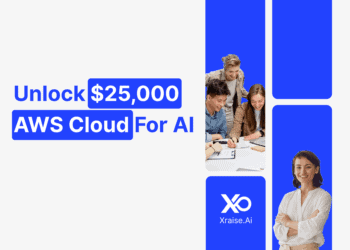 AWS Credits for AI Startups banner showing founders collaborating on cloud tools