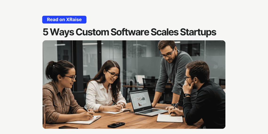 Team of startup founders collaborating around a laptop in a modern glass-walled office, discussing charts on the screen under the headline “5 Ways Custom Software Scales Startups.”