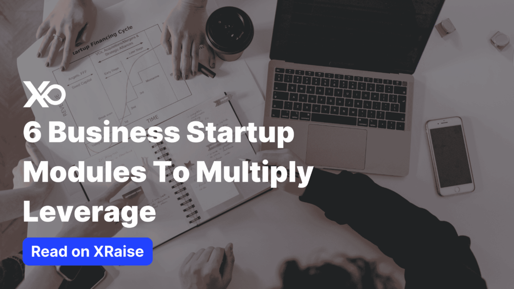 Top-down view of a startup team working at a desk with a laptop, notebook, and financing-cycle diagram, overlaid with bold white text that reads “6 Business Startup Modules To Multiply Leverage” and a blue “Read on XRaise” button at the bottom.