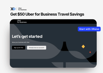 Uber for Business $50 travel credit offer for startups with “Start with XRaise” button.