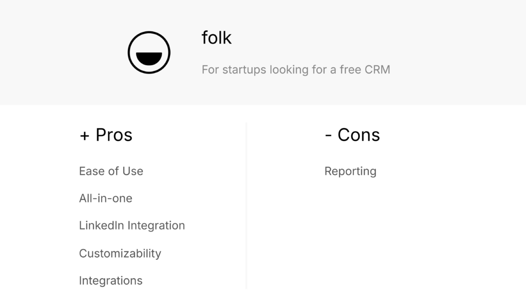 folk for startups free CRM pros and cons list showing ease of use, all in one, LinkedIn integration, customizability, integrations and reporting