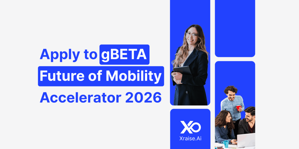 Apply to gBETA Future of Mobility accelerator 2026 with founders collaborating on laptops and tablets