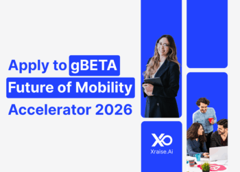 Apply to gBETA Future of Mobility accelerator 2026 with founders collaborating on laptops and tablets