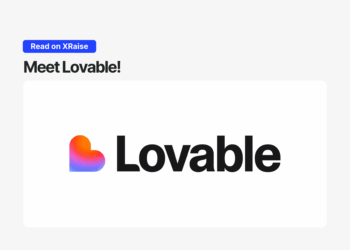 White banner with a colorful rounded heart logo followed by the word “Lovable” in bold black text, and a blue pill-shaped button above that says “Read on XRaise” with the headline “Meet Lovable!”