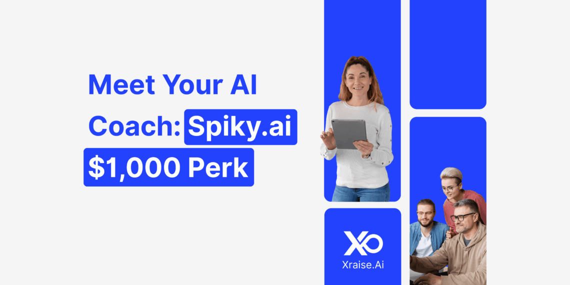 Spiky.ai startup perk banner with smiling founder holding a tablet and team working together