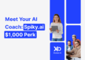 Spiky.ai startup perk banner with smiling founder holding a tablet and team working together