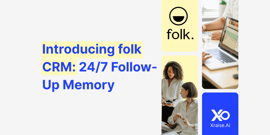 Introducing folk for startups CRM with 24/7 follow-up memory, showing a diverse team collaborating on laptops and charts in a modern workspace