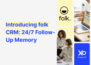 Introducing folk for startups CRM with 24/7 follow-up memory, showing a diverse team collaborating on laptops and charts in a modern workspace