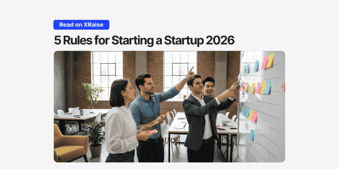 Team planning session for starting a startup in 2026 with founders using sticky notes on a whiteboard