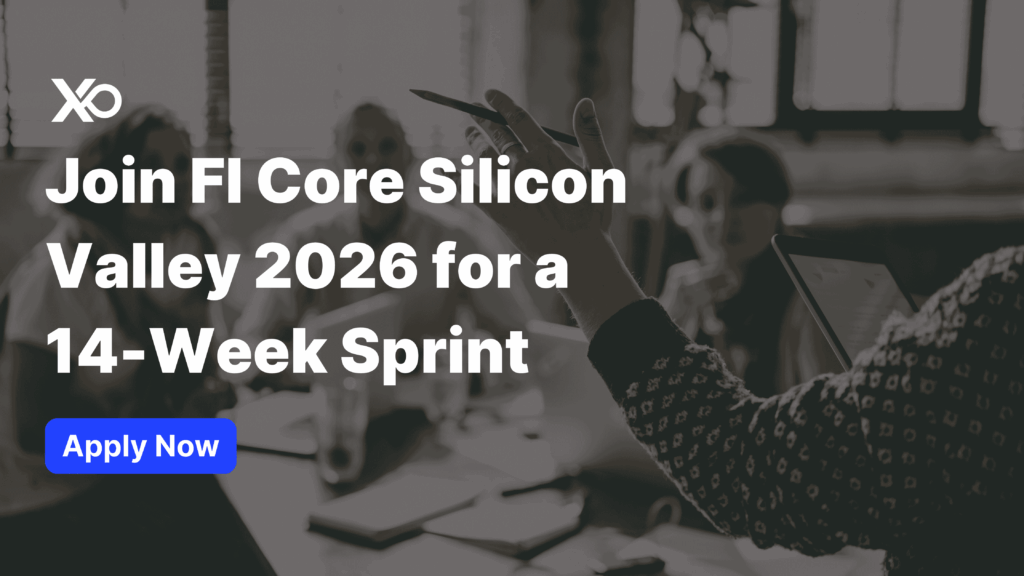Apply to FI Core Silicon Valley accelerator cohort in 2026, presenter leading workshop with founders around a table