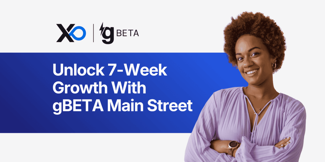 smiling founder in lavender blouse next to banner reading “Unlock 7-Week Growth With gBETA Main Street” with XRaise and gBETA logos