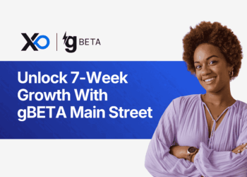 smiling founder in lavender blouse next to banner reading “Unlock 7-Week Growth With gBETA Main Street” with XRaise and gBETA logos