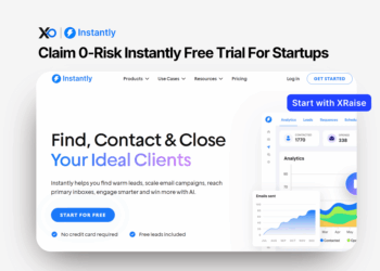 Claim 0-risk Instantly free trial for startups – banner showing Instantly’s website with “Find, Contact & Close Your Ideal Clients” and a blue “Start with XRaise” button.