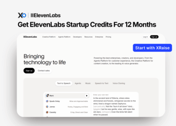 Get ElevenLabs startup credits for 12 months – promo banner showing ElevenLabs website with “Bringing technology to life” and a blue “Start with XRaise” button.