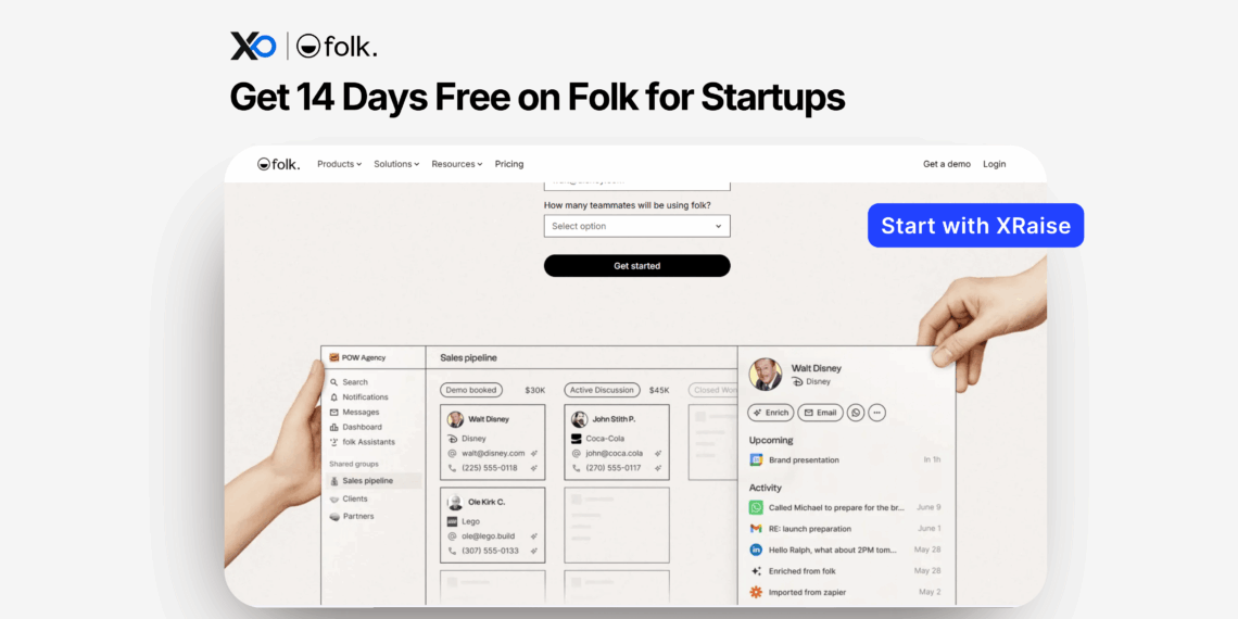 Get 14 days free on Folk for startups – promo banner showing the Folk CRM interface and a blue “Start with XRaise” button.