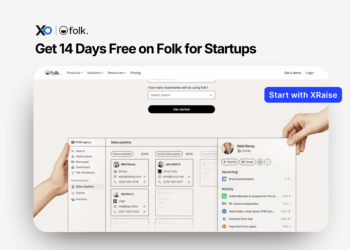 Get 14 days free on Folk for startups – promo banner showing the Folk CRM interface and a blue “Start with XRaise” button.