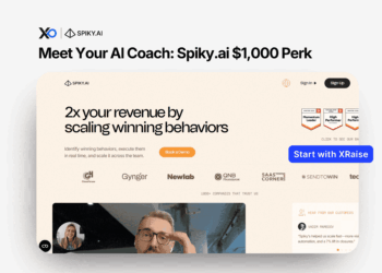 Meet your AI coach: Spiky.ai $1,000 startup perk banner with product homepage preview and “Start with XRaise” button.