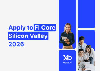 Apply to FI Core Silicon Valley 2026 accelerator – smiling founder holding a tablet next to a startup team working together on a laptop
