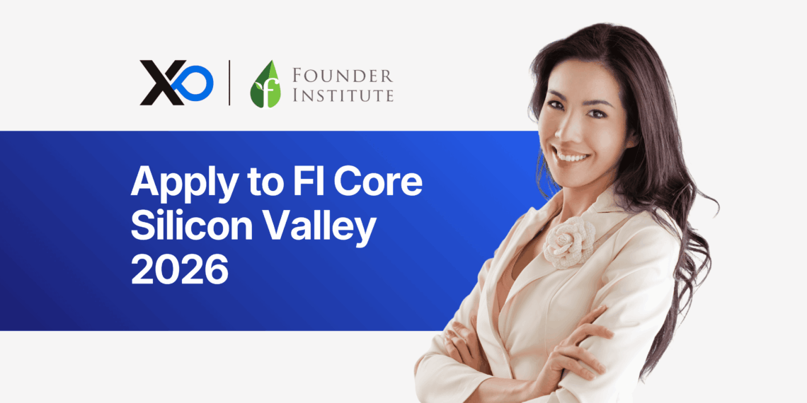 Smiling woman in a cream blazer stands with arms crossed beside a banner inviting founders to apply to the FI Core Silicon Valley 2026 accelerator.