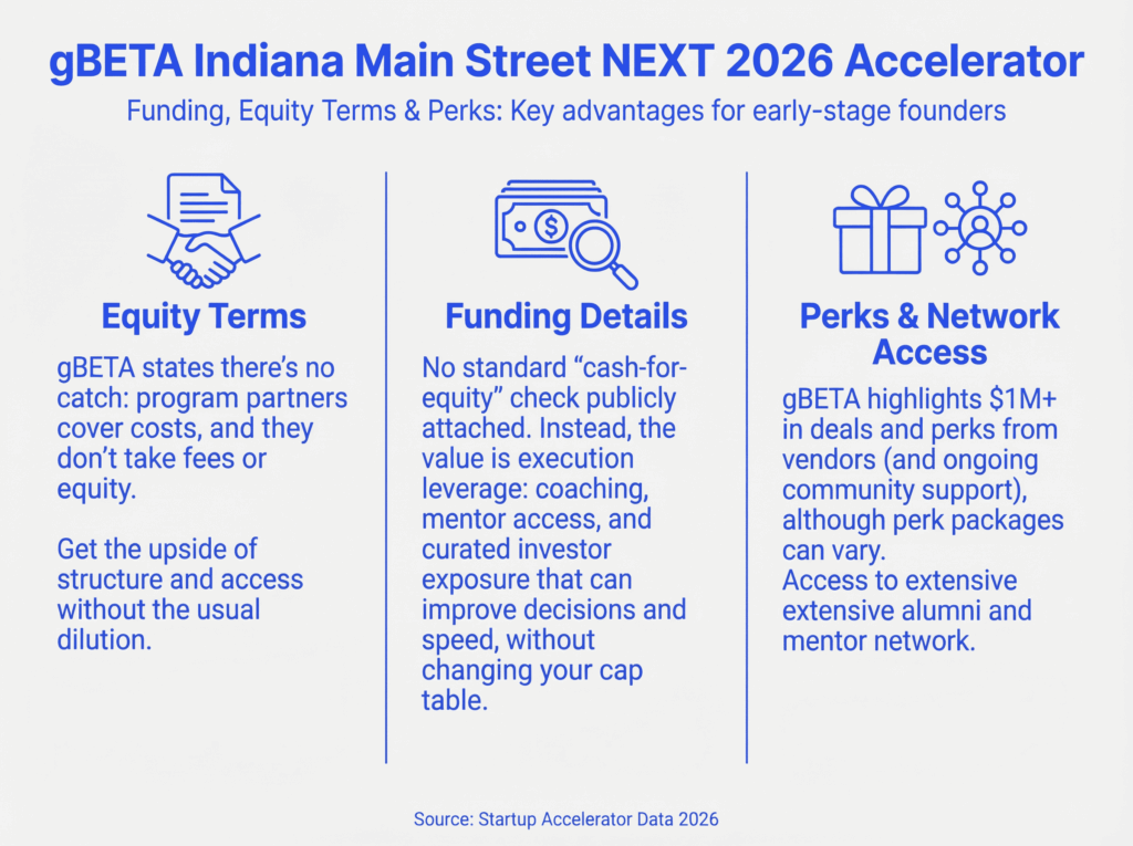 Apply to gBETA Indiana accelerator infographic showing equity terms, funding details, and perks and network access for early-stage founders