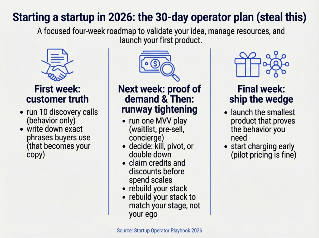 Starting a startup in 2026 30-day operator plan infographic showing weekly steps from customer truth to proof of demand and shipping a small product