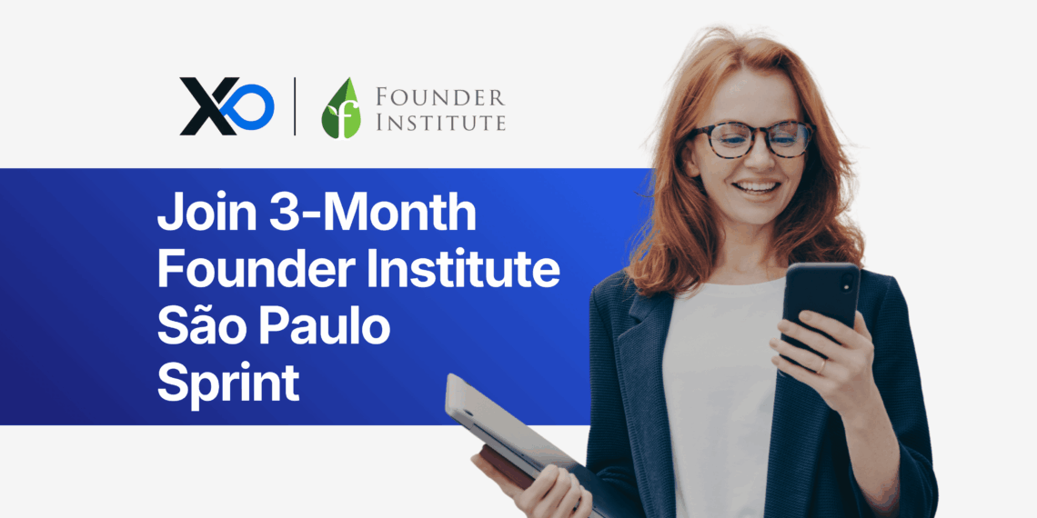 Smiling woman in a blazer holding a tablet and looking at her phone beside text inviting founders to join a 3-month Founder Institute São Paulo sprint.