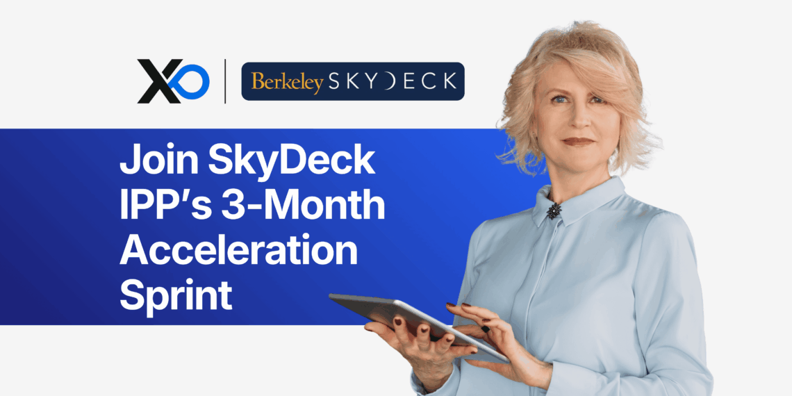 Confident founder holding a tablet beside headline inviting startups to join SkyDeck IPP’s 3-month acceleration sprint.