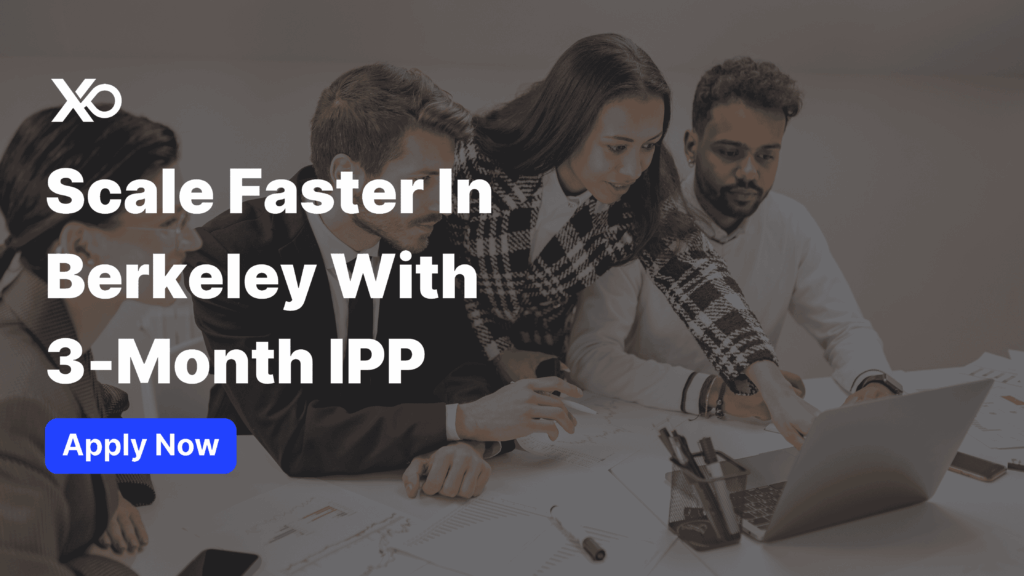 Founders collaborating around a laptop with headline “Scale Faster in Berkeley With 3-Month IPP” and an Apply Now button.