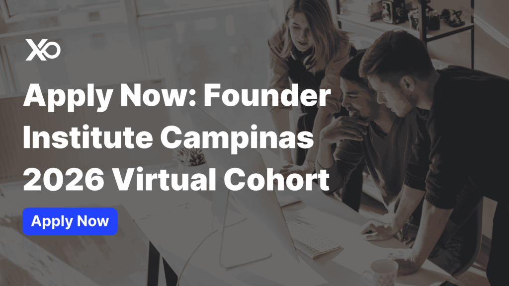 Apply now to Founder Institute Campinas 2026 virtual cohort – three founders collaborating at a computer