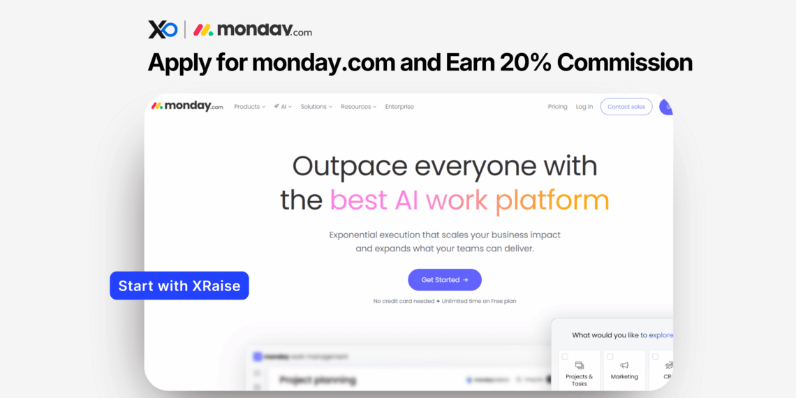 Apply for monday.com partner banner showing AI work platform homepage