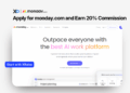 Apply for monday.com partner banner showing AI work platform homepage
