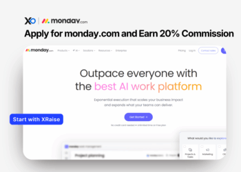 Apply for monday.com partner banner showing AI work platform homepage