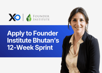 Apply to Founder Institute Bhutan accelerator 12-week sprint with smiling woman founder on blue banner