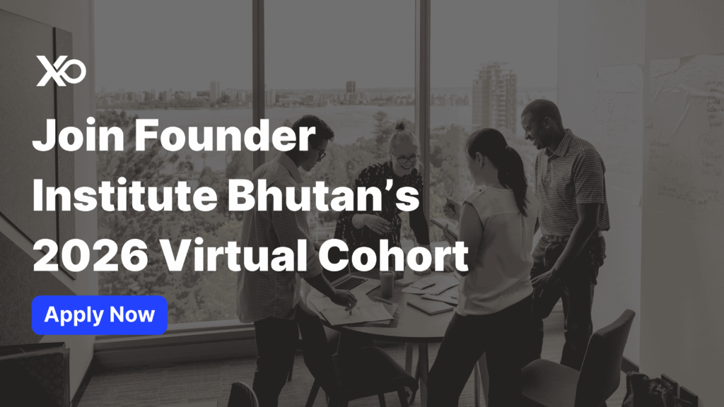 Apply to Founder Institute Bhutan accelerator 2026 virtual cohort banner with founders collaborating in an office