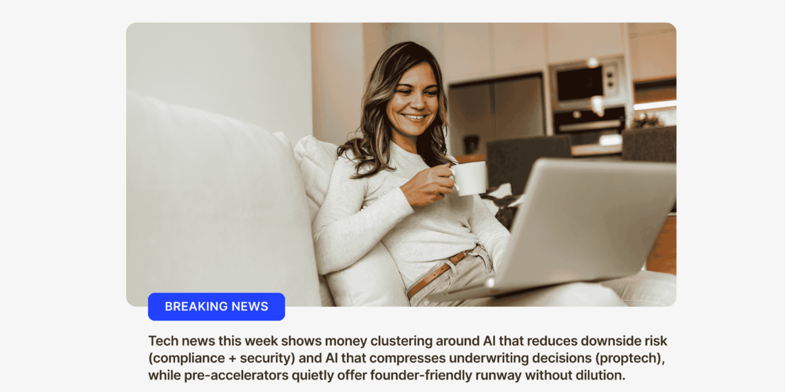 Tech news this week showing a smiling woman on a sofa with a laptop and coffee, reading breaking startup and AI funding updates
